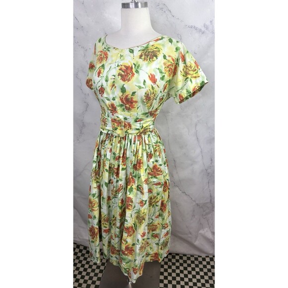 Vtg 1950s Full Skirt Day Dress tea M 50s Handmade Garden Floral MCM Party Flaw* - Picture 15 of 16